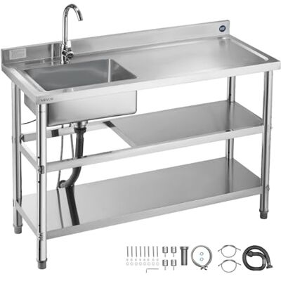 VEVOR Fregadero de Acero Inoxidable, 120 x 50 x 94 cm, Un Seno con Grifo Agua Caliente y Fría y 2 Compartimentos de Almacenamiento, para Garaje o Restaurante, Lavabo Exterior con Encimera Derecha VEVOR Fregadero de Acero Inoxidable, 120 x 50 x 94 cm, Un Seno con Grifo Agua Caliente y Fría y 2 Compartimentos de Almacenamiento, para Garaje o Restaurante, Lavabo Exterior con Encimera Derecha