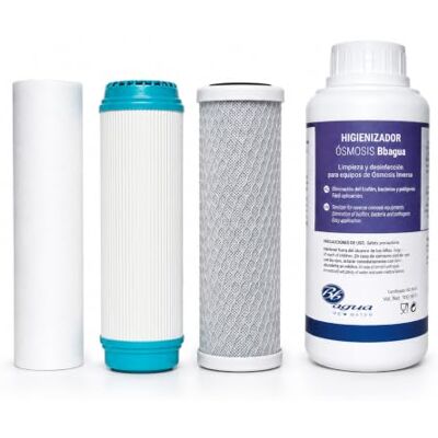 Bbagua Pack 3 Filtros ósmosis + Higienizador. Pack compuesto por 1 de Sedimentos, 1 de Carbón GAC, 1 de Carbón Block + 1 Higienizador para limpiar bien su equipo de Osmosis Inversa. Bbagua Pack 3 Filtros ósmosis + Higienizador. Pack compuesto por 1 de Sedimentos, 1 de Carbón GAC, 1 de Carbón Block + 1 Higienizador para limpiar bien su equipo de Osmosis Inversa.