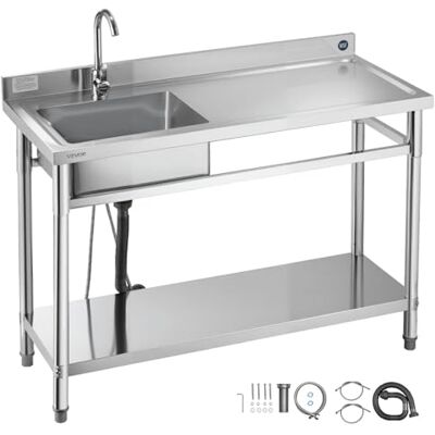 VEVOR Fregadero de Acero Inoxidable, 120 x 50 x 94 cm, de Un Seno con Grifo y Estante, para Garaje, Restaurante, Lavandería, Lavabo Exterior con Encimera Derecha, Resistente a los Arañazos, Plata VEVOR Fregadero de Acero Inoxidable, 120 x 50 x 94 cm, de Un Seno con Grifo y Estante, para Garaje, Restaurante, Lavandería, Lavabo Exterior con Encimera Derecha, Resistente a los Arañazos, Plata
