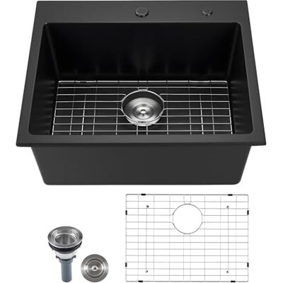 VEVOR Fregadero de Cocina de Granito de Un Seno Empotrado de Estilo Rústico, Montaje en Superficie, con Accesorios, para Autocaravanas, Cocinas de Preparación y Bares, Negro, 635 x 559 x 254 mm VEVOR Fregadero de Cocina de Granito de Un Seno Empotrado de Estilo Rústico, Montaje en Superficie, con Accesorios, para Autocaravanas, Cocinas de Preparación y Bares, Negro, 635 x 559 x 254 mm