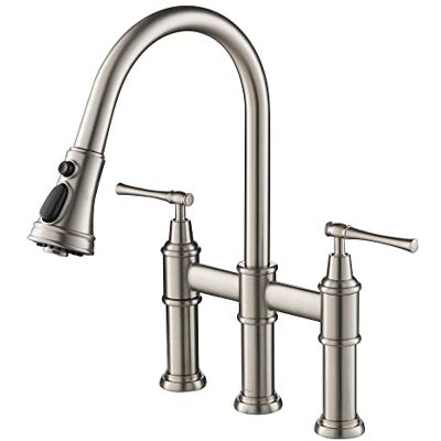 Kraus Allyn Grifo de cocina con puente de transición con cabezal de pulverización desplegable en acero inoxidable libre de manchas Kraus Allyn Grifo de cocina con puente de transición con cabezal de pulverización desplegable en acero inoxidable libre de manchas