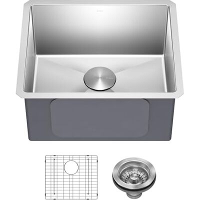 Kraus Standart PRO Juego de cuencos individuales de calibre 16 (4 piezas: fregadero, rejilla inferior, montaje de drenaje, toalla de cocina), 21 pulgadas, acero inoxidable Kraus Standart PRO Juego de cuencos individuales de calibre 16 (4 piezas: fregadero, rejilla inferior, montaje de drenaje, toalla de cocina), 21 pulgadas, acero inoxidable