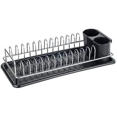 Wenko Escurreplatos Single, escurridor de platos compacto con bandeja de goteo y cesta para los cubiertos extraíble para cocinas pequeñas, marco de metal cromado, 40 x 10 x 18 cm, negro/plateado Wenko Escurreplatos Single, escurridor de platos compacto con bandeja de goteo y cesta para los cubiertos extraíble para cocinas pequeñas, marco de metal cromado, 40 x 10 x 18 cm, negro/plateado