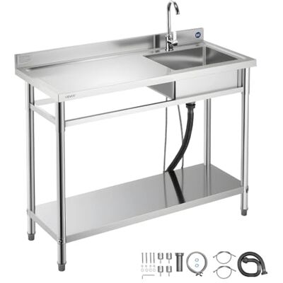 VEVOR Fregadero de Acero Inoxidable, 120 x 50 x 94 cm, Un Seno con Grifo de Agua Caliente y Fría y Estante, para Garaje, Restaurante, Lavandería, Lavabo Exterior con Encimera Izquierda, Plata VEVOR Fregadero de Acero Inoxidable, 120 x 50 x 94 cm, Un Seno con Grifo de Agua Caliente y Fría y Estante, para Garaje, Restaurante, Lavandería, Lavabo Exterior con Encimera Izquierda, Plata