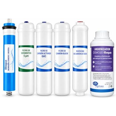 Bbagua Membrana 50, 75 y 100 GPD + Pack 3 Filtro ósmosis + Postfiltro Remineralizante + Higienizador. Pack compuesto por 1 de Sedimentos, 1 de Carbón GAC y de Carbón Block. . Bbagua Membrana 50, 75 y 100 GPD + Pack 3 Filtro ósmosis + Postfiltro Remineralizante + Higienizador. Pack compuesto por 1 de Sedimentos, 1 de Carbón GAC y de Carbón Block. .