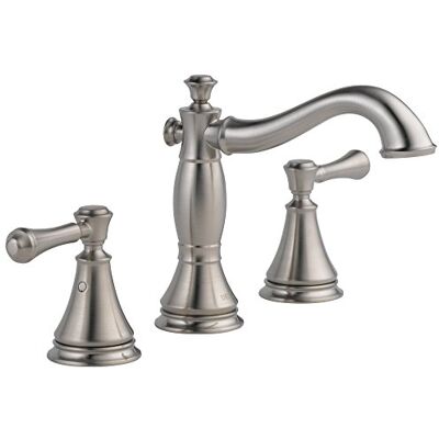 DELTA grifo Cassidy dos asas wide spread baño con metal Pop-up, inoxidable DELTA grifo Cassidy dos asas wide spread baño con metal Pop-up, inoxidable