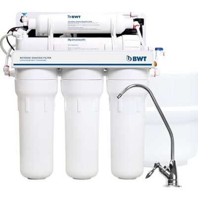 BWT Ósmosis Inversa Doméstica – Con Bomba para una Presión de Entrada de 2-5 Bar – 5 Etapas con REMINERALIZADOR – 75 GPD, Caudal de 11,8 L/h, Tanque de 12 L BWT Ósmosis Inversa Doméstica – Con Bomba para una Presión de Entrada de 2-5 Bar – 5 Etapas con REMINERALIZADOR – 75 GPD, Caudal de 11,8 L/h, Tanque de 12 L