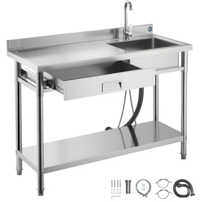 VEVOR Mueble de Fregadero de Acero Inoxidable, 120 x 50 x 94 cm, de Un Seno con Grifo y Cajón, para Garaje, Restaurante, Lavandería, Lavabo Exterior con Encimera Izquierda, con Acabado Cepillado VEVOR Mueble de Fregadero de Acero Inoxidable, 120 x 50 x 94 cm, de Un Seno con Grifo y Cajón, para Garaje, Restaurante, Lavandería, Lavabo Exterior con Encimera Izquierda, con Acabado Cepillado