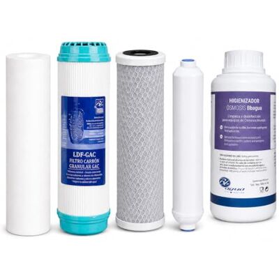 Bbagua Pack 4 Filtros ósmosis + Higienizador. Pack compuesto por 1 de Sedimentos, 1 de Carbón GAC, 1 de Carbón Block, 1 Post Filtro de Coco y 1 Higienizador de 0,5 Litros. . Bbagua Pack 4 Filtros ósmosis + Higienizador. Pack compuesto por 1 de Sedimentos, 1 de Carbón GAC, 1 de Carbón Block, 1 Post Filtro de Coco y 1 Higienizador de 0,5 Litros. .
