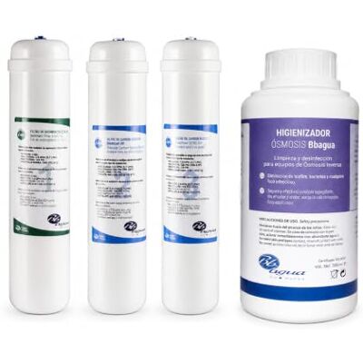 Bbagua Kit de 3 Filtros Inline 12" para Equipos de Osmosis Inversa Compactas + Higienizador. Pack compuesto por 1 Filtro de Sedimentos, 1 de Carbón Activado y 1 Carbón Block. . Bbagua Kit de 3 Filtros Inline 12" para Equipos de Osmosis Inversa Compactas + Higienizador. Pack compuesto por 1 Filtro de Sedimentos, 1 de Carbón Activado y 1 Carbón Block. .