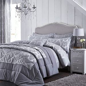 Catherine Lansfield Cortinas con diseño Jacquard de Damasco, Ojales, poliéster, Plateado, Edredón King Size Catherine Lansfield Cortinas con diseño Jacquard de Damasco, Ojales, poliéster, Plateado, Edredón King Size