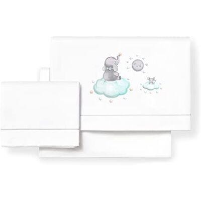 Interbaby Juego de sábanas de minicuna Elefante Nube blanco y verde Interbaby Juego de sábanas de minicuna Elefante Nube blanco y verde