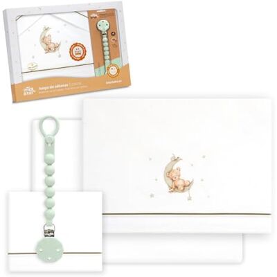 Interbaby Juego Sabanas Cuna Bebe 60x120 Algodon 100% + Chupetero Silicona Blanco/Verde Sabanas Cuna Incluye Sabana Bajera, Encimera y Funda de Almohada Primavera, Verano Oso Luna Estrellas Interbaby Juego Sabanas Cuna Bebe 60x120 Algodon 100% + Chupetero Silicona Blanco/Verde Sabanas Cuna Incluye Sabana Bajera, Encimera y Funda de Almohada Primavera, Verano Oso Luna Estrellas