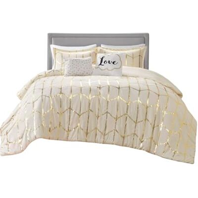 Intelligent Design Moderno Juego de Ropa de Cama para Todas Las Estaciones, Funda a Juego, Almohada Decorativa, poliéster, Marfil/Dorado, tamaño Queen Intelligent Design Moderno Juego de Ropa de Cama para Todas Las Estaciones, Funda a Juego, Almohada Decorativa, poliéster, Marfil/Dorado, tamaño Queen
