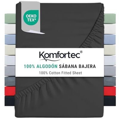 Komfortec Sábana Bajera Ajustable (180 x 200 cm, 100% algodón), Color Negro Komfortec Sábana Bajera Ajustable (180 x 200 cm, 100% algodón), Color Negro