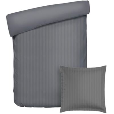 Pure Juego de Funda nórdica de 135 x 200 cm y Funda de Almohada de 80 x 80 cm – 100% satén de algodón a Rayas Tejidas Dobby, 80 Hilos/cm², 120 gsm, Oeko-Tex–Dobby – Gris Oscuro Pure Juego de Funda nórdica de 135 x 200 cm y Funda de Almohada de 80 x 80 cm – 100% satén de algodón a Rayas Tejidas Dobby, 80 Hilos/cm², 120 gsm, Oeko-Tex–Dobby – Gris Oscuro