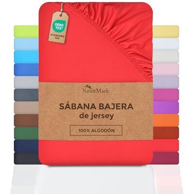 NatureMark Sábana Bajera Ajustable de Jersey, 100% algodón en Muchos tamaños y Colores, 200 x 220 cm + 40 Steg, Rojo NatureMark Sábana Bajera Ajustable de Jersey, 100% algodón en Muchos tamaños y Colores, 200 x 220 cm + 40 Steg, Rojo
