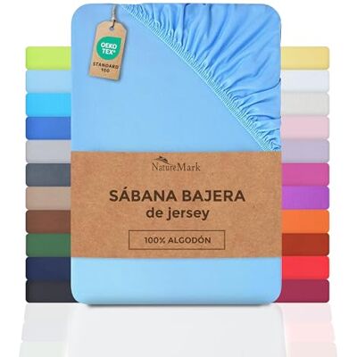 NatureMark Sábana Bajera Ajustable de Jersey, 100% algodón en Muchos tamaños y Colores, 90 x 200 cm 100 x 200 cm, Azul Claro NatureMark Sábana Bajera Ajustable de Jersey, 100% algodón en Muchos tamaños y Colores, 90 x 200 cm 100 x 200 cm, Azul Claro