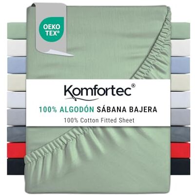 Komfortec Sábana Bajera Ajustable (140 x 200 cm, 100% algodón), Color Verde Komfortec Sábana Bajera Ajustable (140 x 200 cm, 100% algodón), Color Verde