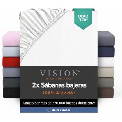 Vision – Juego de 2 sábanas de 90 x 200 cm – Color: Blanco – 100% algodón, 57 Hilos – 4 Esquinas elásticas – Gorro de 30 cm Vision – Juego de 2 sábanas de 90 x 200 cm – Color: Blanco – 100% algodón, 57 Hilos – 4 Esquinas elásticas – Gorro de 30 cm