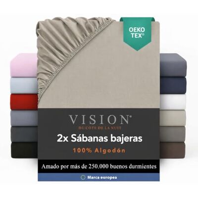 Vision – Juego de 2 sábanas de 90 x 200 cm – Colores: Beige – 100% algodón, 57 Hilos – 4 Esquinas elásticas – Gorro de 30 cm Vision – Juego de 2 sábanas de 90 x 200 cm – Colores: Beige – 100% algodón, 57 Hilos – 4 Esquinas elásticas – Gorro de 30 cm