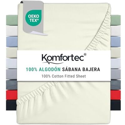 Komfortec Sábana Bajera Ajustable (90 x 200 cm, 100% algodón), Color Crudo Komfortec Sábana Bajera Ajustable (90 x 200 cm, 100% algodón), Color Crudo
