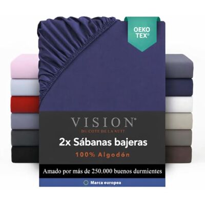 Vision – Juego de 2 sábanas de 90 x 200 cm – Colores: Marina, 100% Algodón: 57 Hilos – 4 Esquinas elásticas – Gorro de 30 cm Vision – Juego de 2 sábanas de 90 x 200 cm – Colores: Marina, 100% Algodón: 57 Hilos – 4 Esquinas elásticas – Gorro de 30 cm