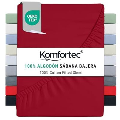 Komfortec Sábana Bajera Ajustable de 140 x 200 cm, 100% algodón, Color Rojo Komfortec Sábana Bajera Ajustable de 140 x 200 cm, 100% algodón, Color Rojo