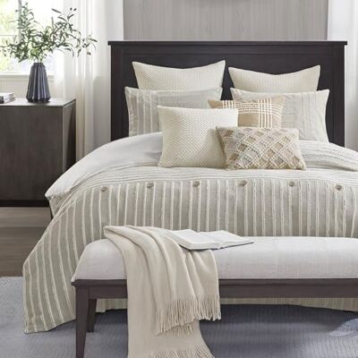 Madison Park SIGNATURE Juego de edredón tamaño King con Rayas Jacquard Recortadas con Botones, edredón Bohemio para una Cama tamaño King, edredones de algodón de Gran tamaño con Funda extraíble, Ropa Madison Park SIGNATURE Juego de edredón tamaño King con Rayas Jacquard Recortadas con Botones, edredón Bohemio para una Cama tamaño King, edredones de algodón de Gran tamaño con Funda extraíble, Ropa