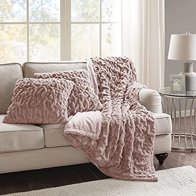 Comfort Spaces Lujoso y mullido juego de manta de felpa de piel sintética fruncida con 2 fundas de almohada cuadradas a juego, para sofá, silla, sofá, sala de estar, oficina en casa, color rubor, 50 x Comfort Spaces Lujoso y mullido juego de manta de felpa de piel sintética fruncida con 2 fundas de almohada cuadradas a juego, para sofá, silla, sofá, sala de estar, oficina en casa, color rubor, 50 x