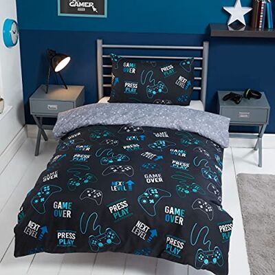 Sleepdown Juego edredón niños, diseño de Videojuegos, Color Negro, Gris, Reversible, Suave, de fácil Cuidado, con Funda de Almohada, Individual (135 x 200 cm), Poliéster, Suelto Sleepdown Juego edredón niños, diseño de Videojuegos, Color Negro, Gris, Reversible, Suave, de fácil Cuidado, con Funda de Almohada, Individual (135 x 200 cm), Poliéster, Suelto