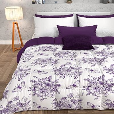 PETTI ARTIGIANI ITALIANI Edredón, edredón de invierno, edredón de invierno, colcha de plaza y media reversible monocolor e impresión digital botánica violeta, 100% microfibra hipoalergénica, Made in PETTI ARTIGIANI ITALIANI Edredón, edredón de invierno, edredón de invierno, colcha de plaza y media reversible monocolor e impresión digital botánica violeta, 100% microfibra hipoalergénica, Made in