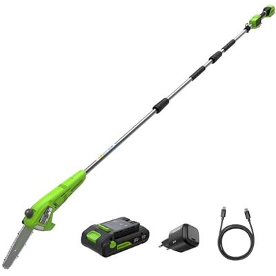 Greenworks Sierra de Pértiga Inalámbrica de 24V, 2,68 m, Motosierra Eléctrica de 20 cm con Engrasador Automático, Velocidad de Cadena de 6,7 m/s, Batería 2Ah y Cargador USB C de 30W Greenworks Sierra de Pértiga Inalámbrica de 24V, 2,68 m, Motosierra Eléctrica de 20 cm con Engrasador Automático, Velocidad de Cadena de 6,7 m/s, Batería 2Ah y Cargador USB C de 30W