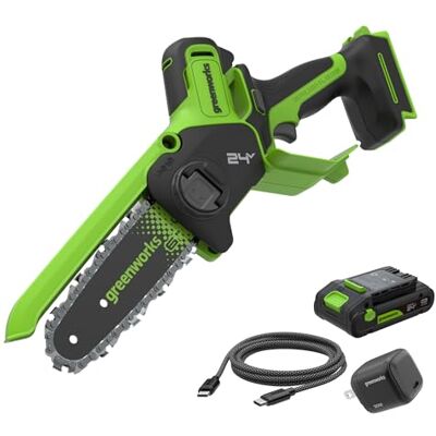 Greenworks 24V 15cm Motosierra sin escobillas, 6 pulgadas, autoaceite, 7,8 m/s, con batería 2Ah y cargador 30W USB‑C Greenworks 24V 15cm Motosierra sin escobillas, 6 pulgadas, autoaceite, 7,8 m/s, con batería 2Ah y cargador 30W USB‑C