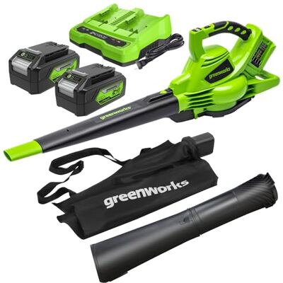 Greenworks 48V(24Vx2)Soplador Aspirador de Hojas a Batería, Correa paraHombro, Motor sin Escobillas,322km/h, 9m³/min, Bolsa Recogedora 45L, Dos 24V 4Ah Baterías y Cargador, GD24X2BVK4X Greenworks 48V(24Vx2)Soplador Aspirador de Hojas a Batería, Correa paraHombro, Motor sin Escobillas,322km/h, 9m³/min, Bolsa Recogedora 45L, Dos 24V 4Ah Baterías y Cargador, GD24X2BVK4X