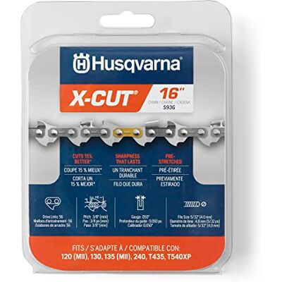 Husqvarna X-Cut S93G Cadena de motosierra de 16 pulgadas, mini paso de 3/8 pulgadas, calibre 50 pulgadas, repuesto de hoja de motosierra de 56 eslabones, preestirada y bajo retroceso, gris Husqvarna X-Cut S93G Cadena de motosierra de 16 pulgadas, mini paso de 3/8 pulgadas, calibre 50 pulgadas, repuesto de hoja de motosierra de 56 eslabones, preestirada y bajo retroceso, gris