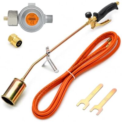 SellNet Verda Quemador de malas hierbas de 58 kW, manguera de 5 metros, regulador de presión de 2,5 bar, adaptador y soporte para destruir malas hierbas (quemador de gas de 58 kW + regulador de presión media SellNet Verda Quemador de malas hierbas de 58 kW, manguera de 5 metros, regulador de presión de 2,5 bar, adaptador y soporte para destruir malas hierbas (quemador de gas de 58 kW + regulador de presión media