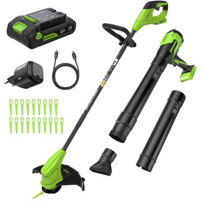 Greenworks 24V 25cm Cortasetos sin Cable/Bordeador y soplador de Hojas Brushless 270CFM Kit Combinado, batería de 2,0 Ah y Cargador incluidos – CKS022 Greenworks 24V 25cm Cortasetos sin Cable/Bordeador y soplador de Hojas Brushless 270CFM Kit Combinado, batería de 2,0 Ah y Cargador incluidos – CKS022