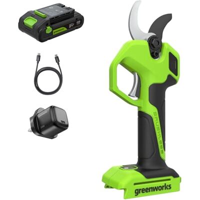 Greenworks Tijera Eléctrica 24V con Batería 2,0Ah & Cargador USB-C 30W, Motor Brushless, Cuchillas Acero, Apertura 22/32 mm, Pantalla LED, Tijera Poda A1 Greenworks Tijera Eléctrica 24V con Batería 2,0Ah & Cargador USB-C 30W, Motor Brushless, Cuchillas Acero, Apertura 22/32 mm, Pantalla LED, Tijera Poda A1