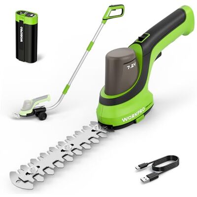 WORKPRO 7,2 V Tijera Cortacésped y Cortasetos, 2 Cuchillas, Mango Telescópico 95 cm con Ruedas, Ancho de Corte 100 mm, Longitud 150 mm, Batería 2000 mAh, para Bordes del Césped y Arbustos WORKPRO 7,2 V Tijera Cortacésped y Cortasetos, 2 Cuchillas, Mango Telescópico 95 cm con Ruedas, Ancho de Corte 100 mm, Longitud 150 mm, Batería 2000 mAh, para Bordes del Césped y Arbustos