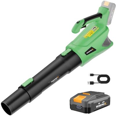 WORKPRO X Soplador de Hojas, 20V Soplador de Hojas Bateria, con Flujo de Aire Potente 144KM/H, Capacidad 850 M³/H, Control de 5 Velocidad, Sopladora para Jardineria WORKPRO X Soplador de Hojas, 20V Soplador de Hojas Bateria, con Flujo de Aire Potente 144KM/H, Capacidad 850 M³/H, Control de 5 Velocidad, Sopladora para Jardineria
