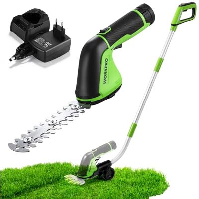 WORKPRO 12V Tijera Cortacésped y Arreglasetos 2 en 1, Cortasetos Eléctrico para Césped y Arbustos con Alargador, 2 Cuchillas, Tijeras Eléctricos de Jardín con Batería y Cargador WORKPRO 12V Tijera Cortacésped y Arreglasetos 2 en 1, Cortasetos Eléctrico para Césped y Arbustos con Alargador, 2 Cuchillas, Tijeras Eléctricos de Jardín con Batería y Cargador