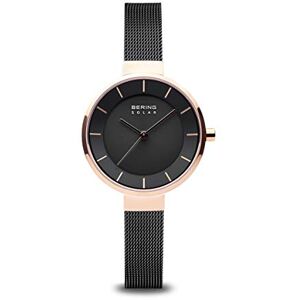 BERING Reloj solar para mujer con caja de acero inoxidable de 31 mm con acabado en oro rosa y esfera negra, correa milanesa, cristal de zafiro y resistencia al agua de 5 ATM BERING Reloj solar para mujer con caja de acero inoxidable de 31 mm con acabado en oro rosa y esfera negra, correa milanesa, cristal de zafiro y resistencia al agua de 5 ATM