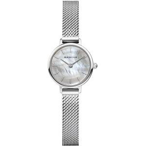 BERING Reloj de cuarzo para mujer con caja de acero inoxidable plateado de 22 mm y esfera blanca, correa milanesa, cristal de zafiro y resistencia al agua de 3 ATM BERING Reloj de cuarzo para mujer con caja de acero inoxidable plateado de 22 mm y esfera blanca, correa milanesa, cristal de zafiro y resistencia al agua de 3 ATM