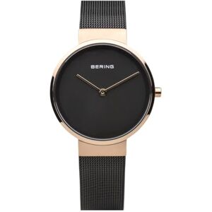 BERING Reloj de cuarzo para mujer con caja de acero inoxidable de 31 mm con acabado en oro rosa y esfera negra, correa milanesa, cristal de zafiro y resistencia al agua de 5 ATM BERING Reloj de cuarzo para mujer con caja de acero inoxidable de 31 mm con acabado en oro rosa y esfera negra, correa milanesa, cristal de zafiro y resistencia al agua de 5 ATM