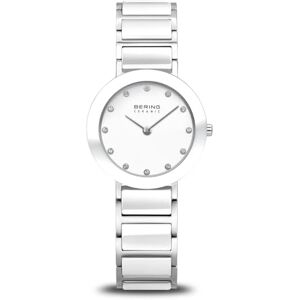 BERING Reloj de cuarzo para mujer con caja de acero inoxidable plateado de 29 mm, esfera blanca, brazalete de acero inoxidable con detalles de cerámica, resistencia al agua de 5 ATM BERING Reloj de cuarzo para mujer con caja de acero inoxidable plateado de 29 mm, esfera blanca, brazalete de acero inoxidable con detalles de cerámica, resistencia al agua de 5 ATM
