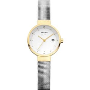 BERING Reloj solar para mujer con caja de acero inoxidable de 26 mm con acabado dorado y esfera blanca, correa milanesa, cristal de zafiro y resistencia al agua de 5 ATM BERING Reloj solar para mujer con caja de acero inoxidable de 26 mm con acabado dorado y esfera blanca, correa milanesa, cristal de zafiro y resistencia al agua de 5 ATM