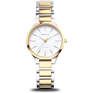 BERING Reloj de Cuarzo para Mujer con Caja de Titanio de 30 mm con Acabado Plateado/Dorado y Esfera Blanca, Brazalete de Titanio con Detalles de Titanio, Resistencia al Agua de 10 ATM BERING Reloj de Cuarzo para Mujer con Caja de Titanio de 30 mm con Acabado Plateado/Dorado y Esfera Blanca, Brazalete de Titanio con Detalles de Titanio, Resistencia al Agua de 10 ATM