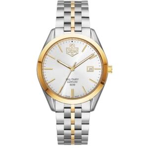JDM Military Interlaken Gents Reloj de pulsera para hombre, cuarzo, analógico, acero inoxidable, 41 mm, correa de acero inoxidable, color: plata/oro, 5 bares, color de la JDM Military Interlaken Gents Reloj de pulsera para hombre, cuarzo, analógico, acero inoxidable, 41 mm, correa de acero inoxidable, color: plata/oro, 5 bares, color de la