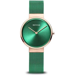 BERING Reloj de cuarzo para mujer con caja de acero inoxidable de 31 mm con acabado en oro rosa y esfera verde, correa milanesa, cristal de zafiro y resistencia al agua de 5 ATM BERING Reloj de cuarzo para mujer con caja de acero inoxidable de 31 mm con acabado en oro rosa y esfera verde, correa milanesa, cristal de zafiro y resistencia al agua de 5 ATM